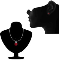 Mahi Valentine Gift with Light Red Swarovski Crystals Rhodium Plated Bow Pendant Set for Women