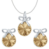 Mahi Valentine Gift with Brown Swarovski Crystals Rhodium Plated Bow Pendant Set for Women