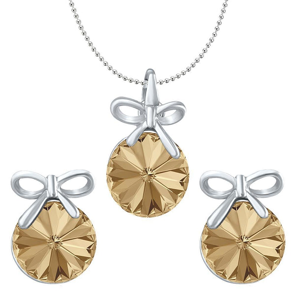 Mahi Valentine Gift with Brown Swarovski Crystals Rhodium Plated Bow Pendant Set for Women