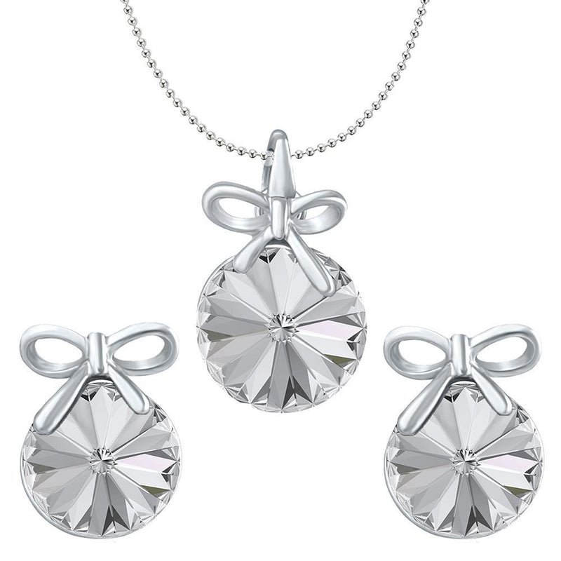 Mahi Valentine Gift with White Swarovski Crystals Rhodium Plated Bow Pendant Set Women