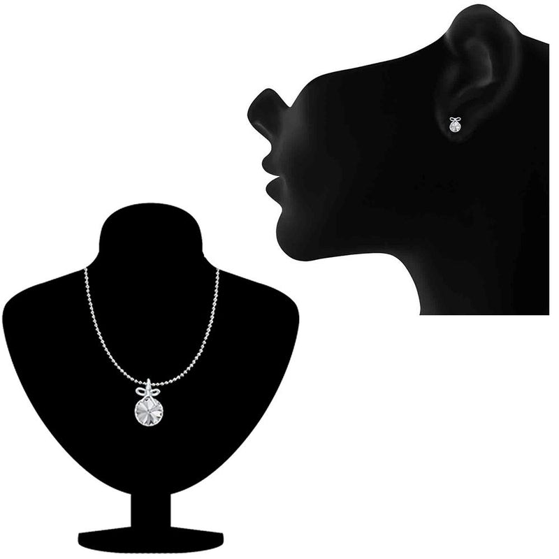 Mahi Valentine Gift with White Swarovski Crystals Rhodium Plated Bow Pendant Set Women