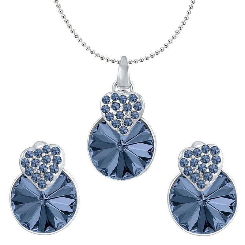 Mahi Valentine Gift with Montana Blue Swarovski Crystals Rhodium Plated Heart Pendant Set for Women