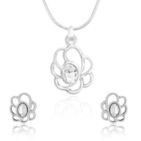 Mahi Rhodium Plated White Oval Floral Pendant Set Made with Swarovski Crystal for Women