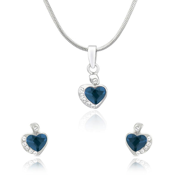 Mahi Rhodium Plated Blue and White Heart Pendant Set Made with Swarovski Crystal for Women
