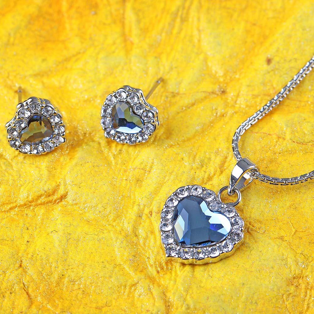 Mahi Rhodium Plated Montana Blue Titanic Heart Pendant Set Made with Swarovski Crystal for Women