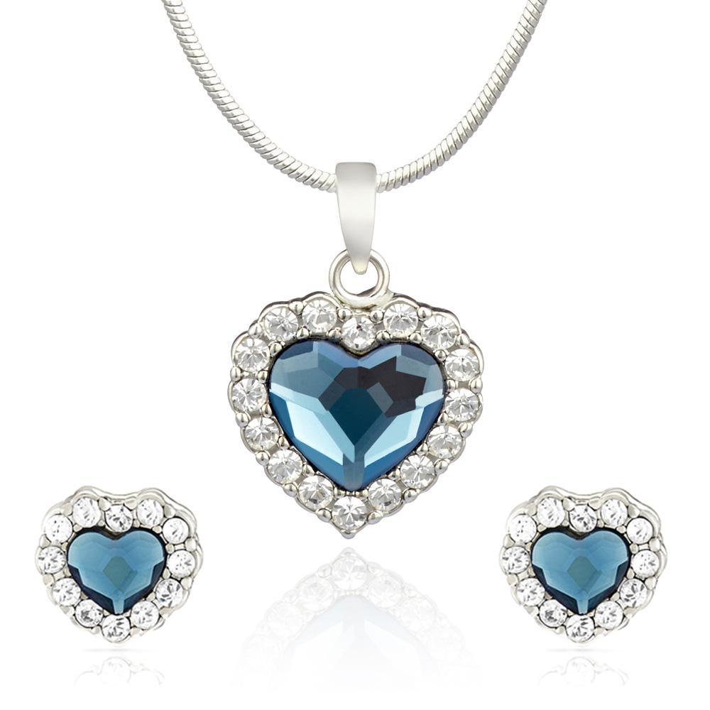 Mahi Rhodium Plated Montana Blue Titanic Heart Pendant Set Made with Swarovski Crystal for Women