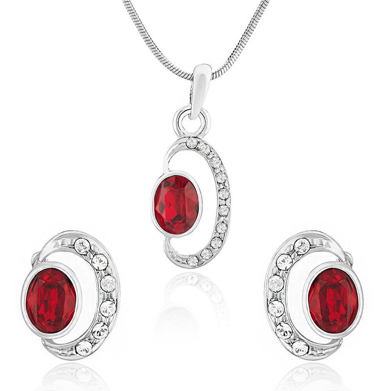 Mahi Rhodium plated Shimmering Double Ellipse Pendant Set Made with Swarovski Crystal for Women