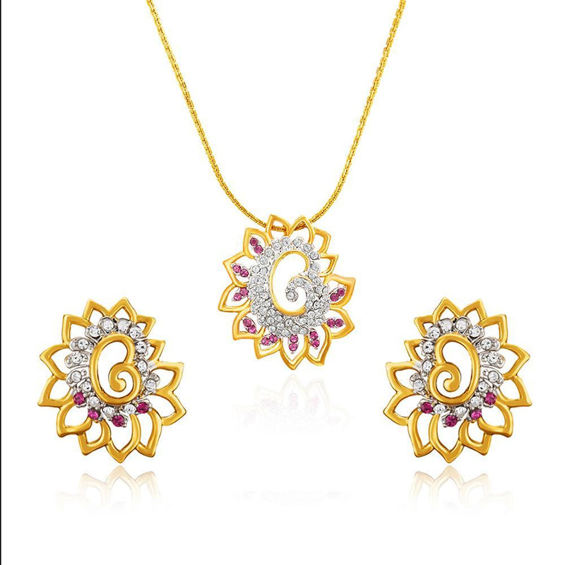 Mahi Gold plated Pink Shimmering Dahlia Flower Pendant Set Made with Swarovski Crystal for Women