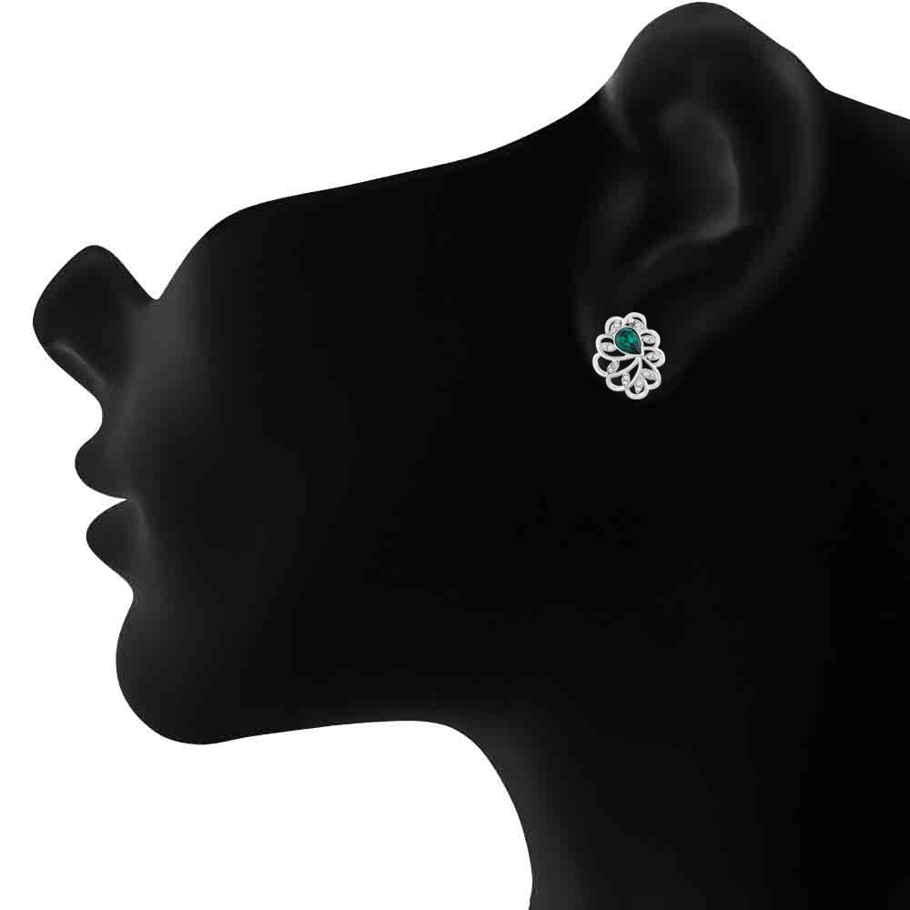 Mahi Rhodium plated Green Marigold Flower Pendant Set Made with Swarovski Crystal for Women