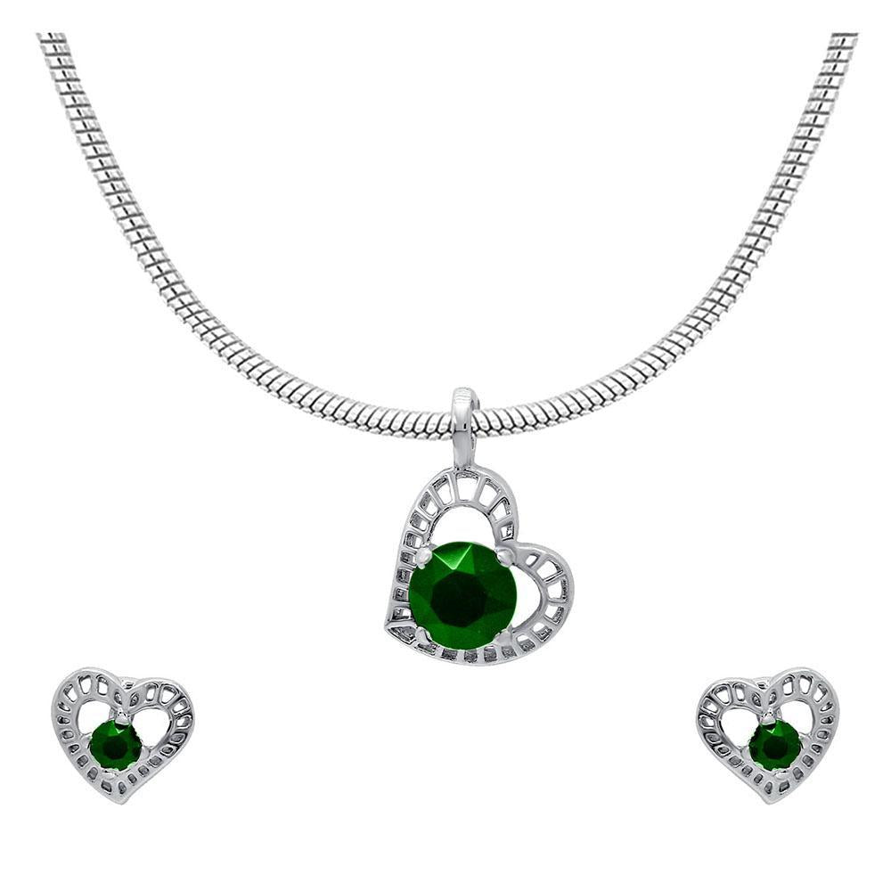 Mahi with Swarovski Crystal Green Stylized Heart Rhodium Plated Pendant Set for Women