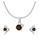 Mahi with Swarovski Crystal Brown Victorian Heart Rhodium Plated Pendant Set for Women