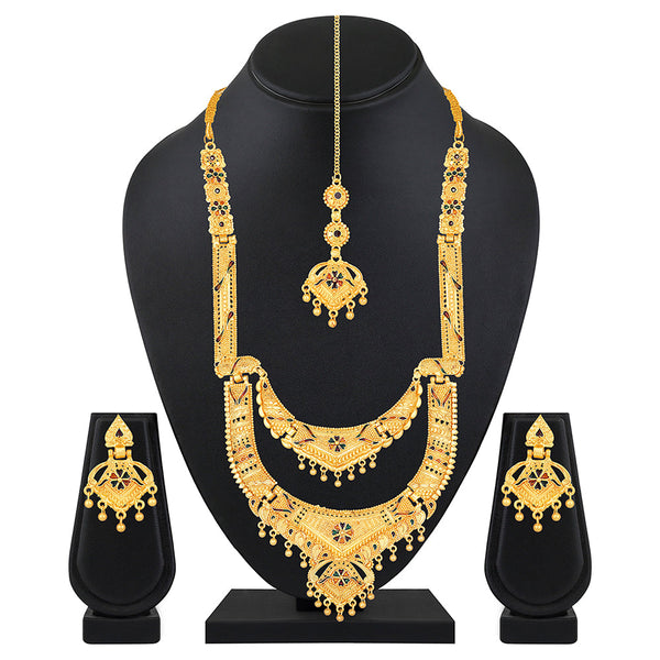 Mahi Gold Plated Traditional Layered Wedding Necklace Set with Maang Tikka for Women (NL1108084G)