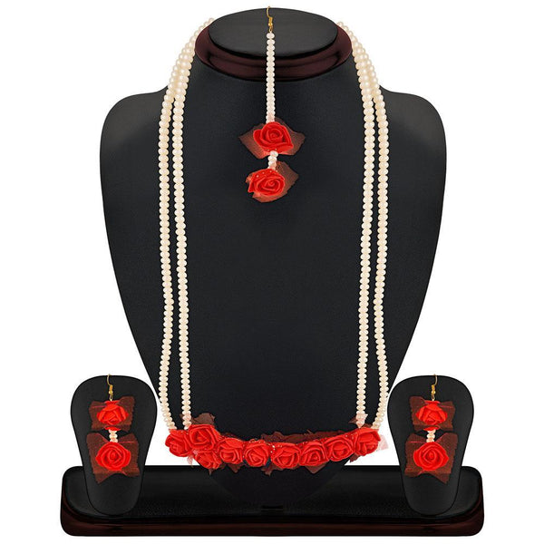 Mahi Exquisite Gotta Patti Red Floral Inspired Necklace Set With Artificial Pearl