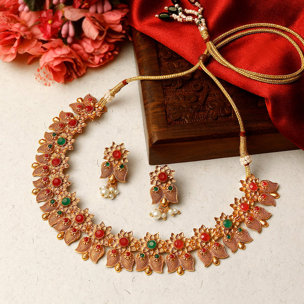 Shrishti Fashion Traditional Paisley Flower Design Gold Plated Choker Necklace Set For Women