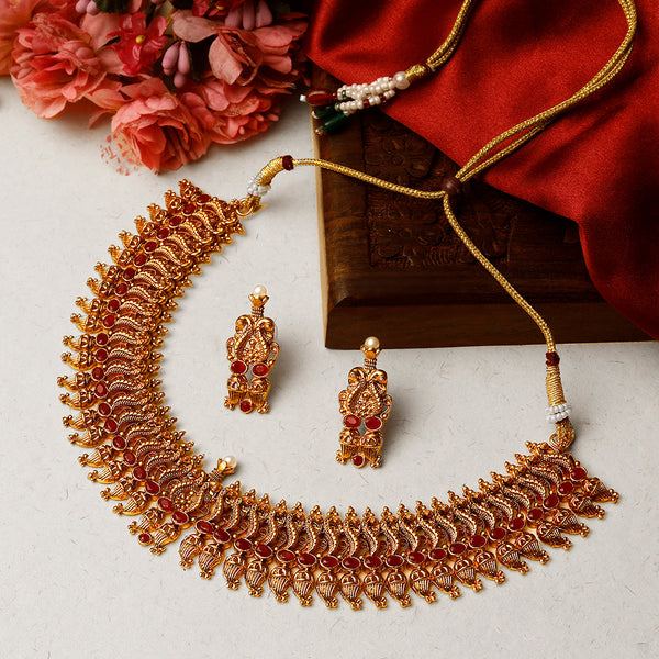 Shrishti Fashion Traditional Peacock Design Gold Plated Choker Necklace Set For Women