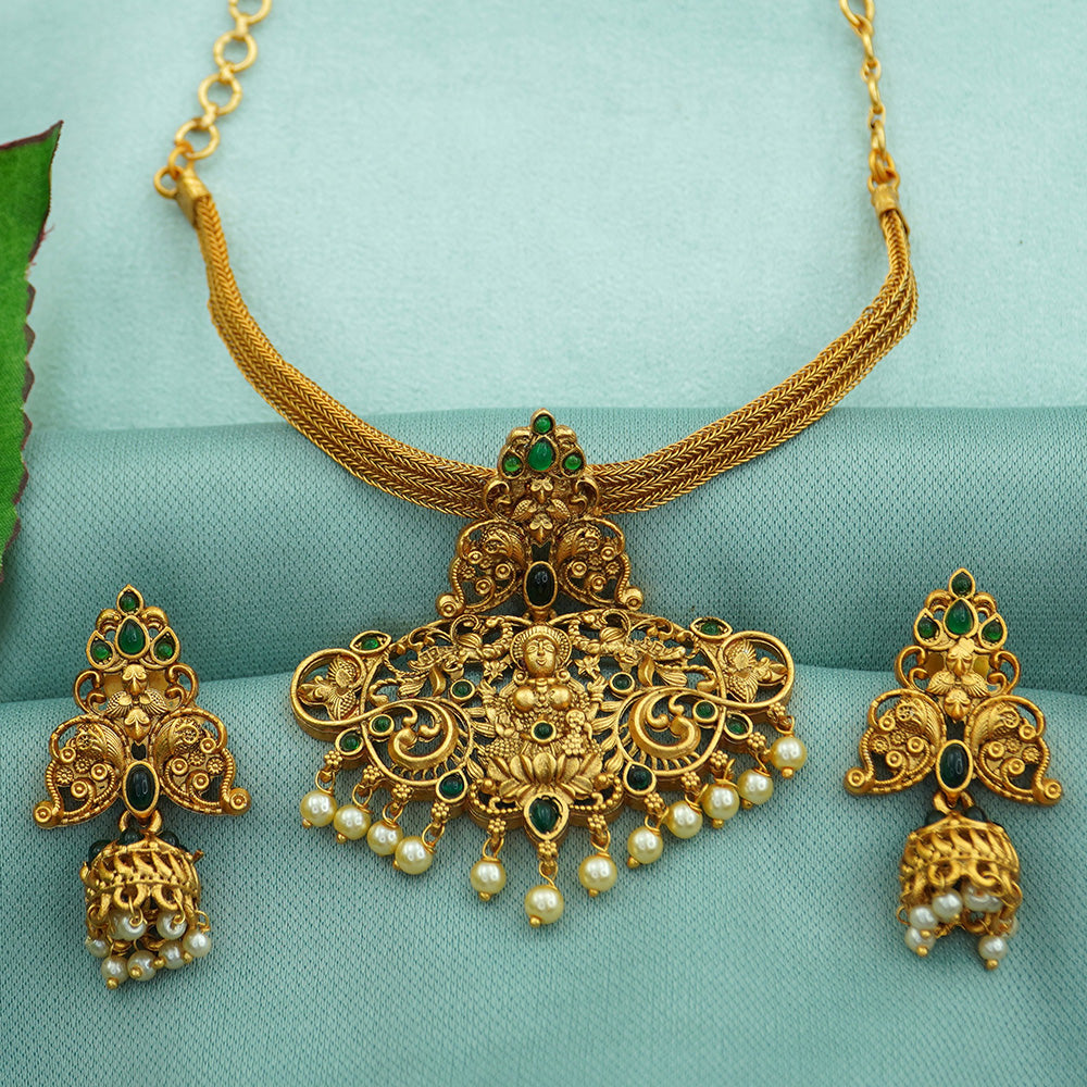 Diksha Collection Gold Plated Pota Stone Temple Necklace Set