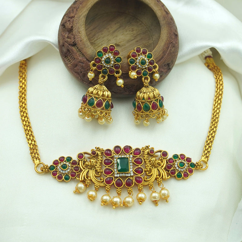 Diksha Collection Gold Plated Pota Stone Choker Necklace Set - N 577 GREEN