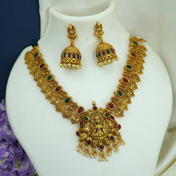 Diksha Collection Gold Plated Pota Stone Temple Necklace Set