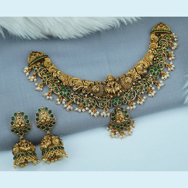 Diksha Collection Gold Plated Pota Stone Temple Necklace Set