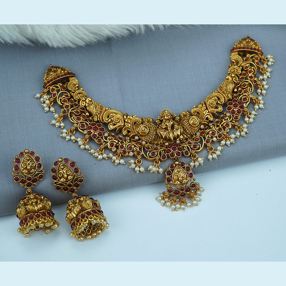 Diksha Collection Gold Plated Pota Stone Temple Necklace Set
