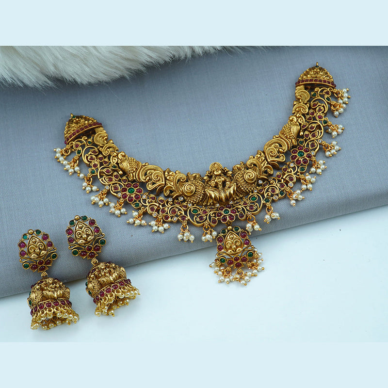 Diksha Collection Gold Plated Pota Stone Temple Necklace Set