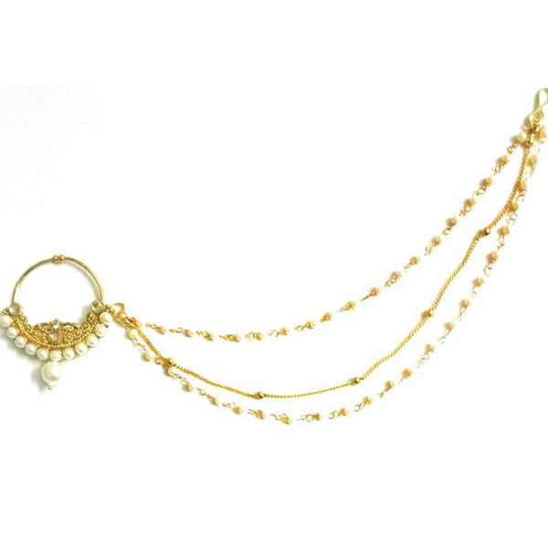 Martina Jewels Pearl And Kundan Gold Plated Pack Of 6 Nose Ring/Nath with Chain for Women  - Nath-115_6