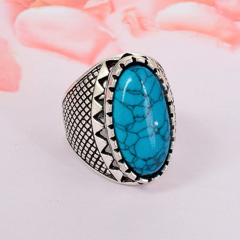 Missmister Pack Of 12 Silver Plated Big Oval Turquoise Firoza Ring  - ORNI8189