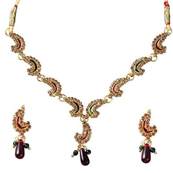 The99jewel Maroon & Green Meenakari Stone Necklace Set - 1100818