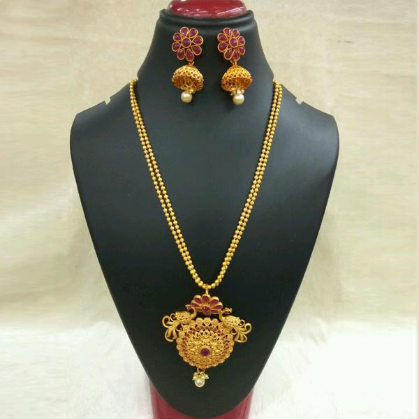 Utkrishtt Gold Plated Maroon Pota Stone Copper Necklace Set - 1111806B