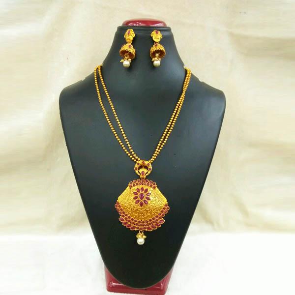 Utkrishtt Gold Plated Maroon Pota Stone Copper Necklace Set - 1111808B