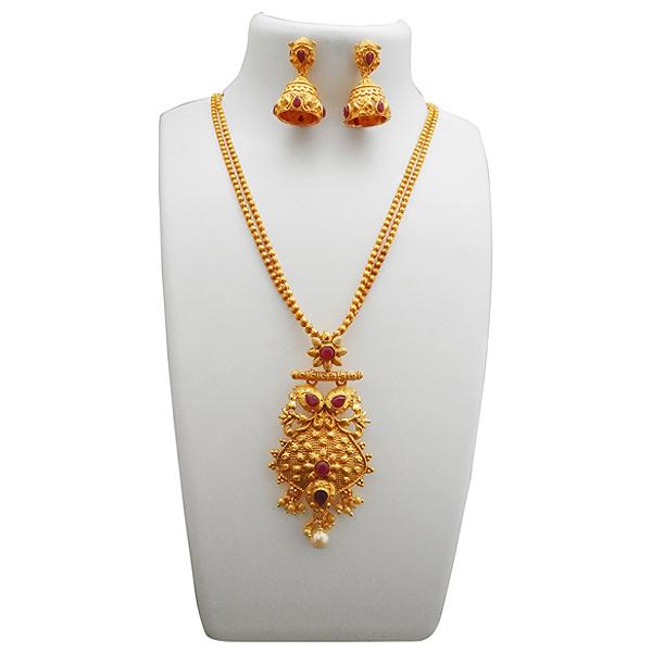 Utkrishtt Gold Plated Maroon Pota Stone Copper Necklace Set - 1111817B