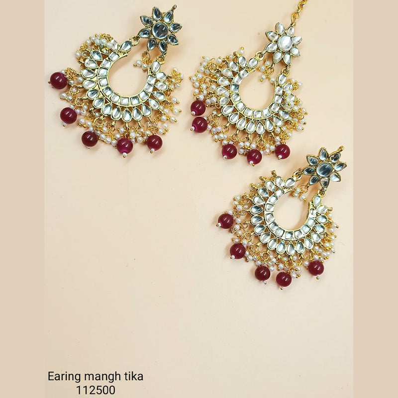 Padmawati Bangles Gold Plated Kundan Stone & Beads Dangler Earrings With Maang Tikka