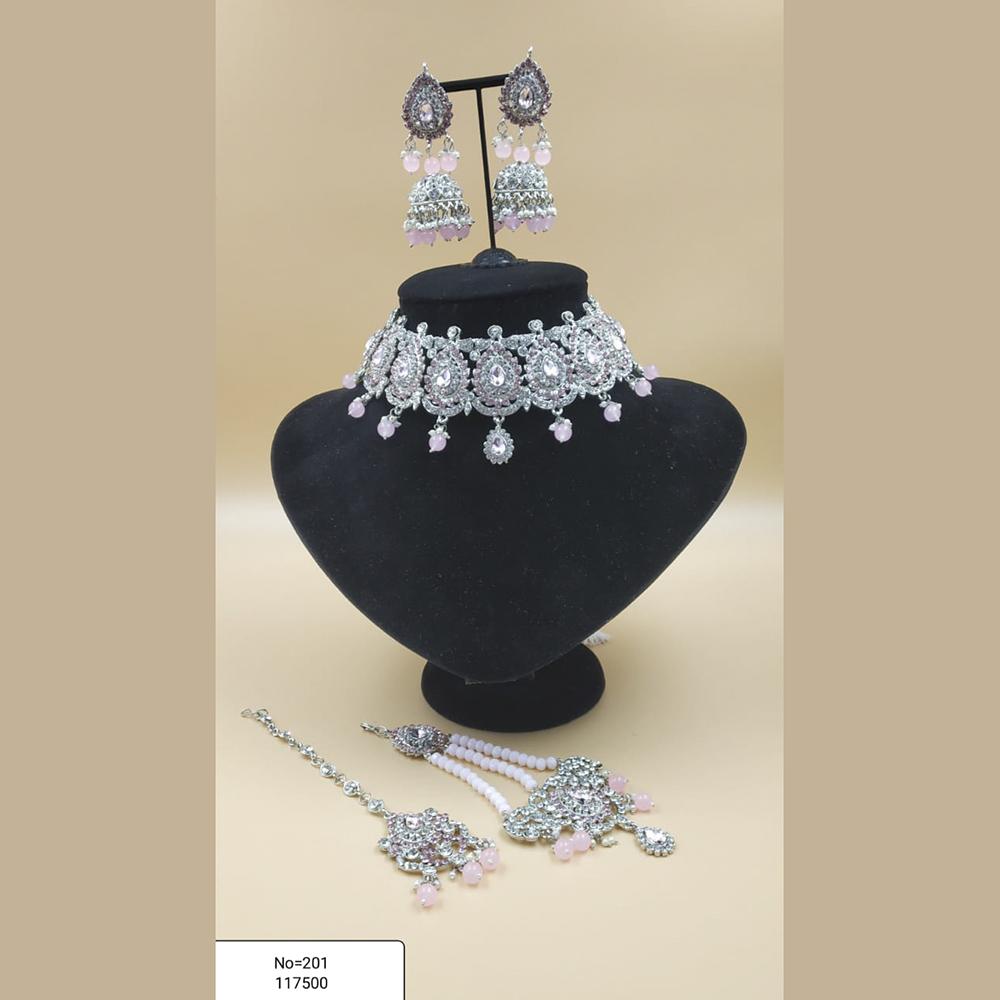 Padmawati Bangles Silver Plated White And Pink  Austrian Stone Necklace Set With Maang Tikka  - PBNECK87