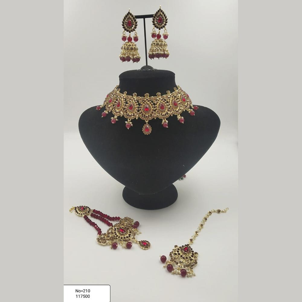 Padmawati Bangles Gold Plated Red And Brown Austrian Stone Necklace Set With Maang Tikka  - PBNECK95