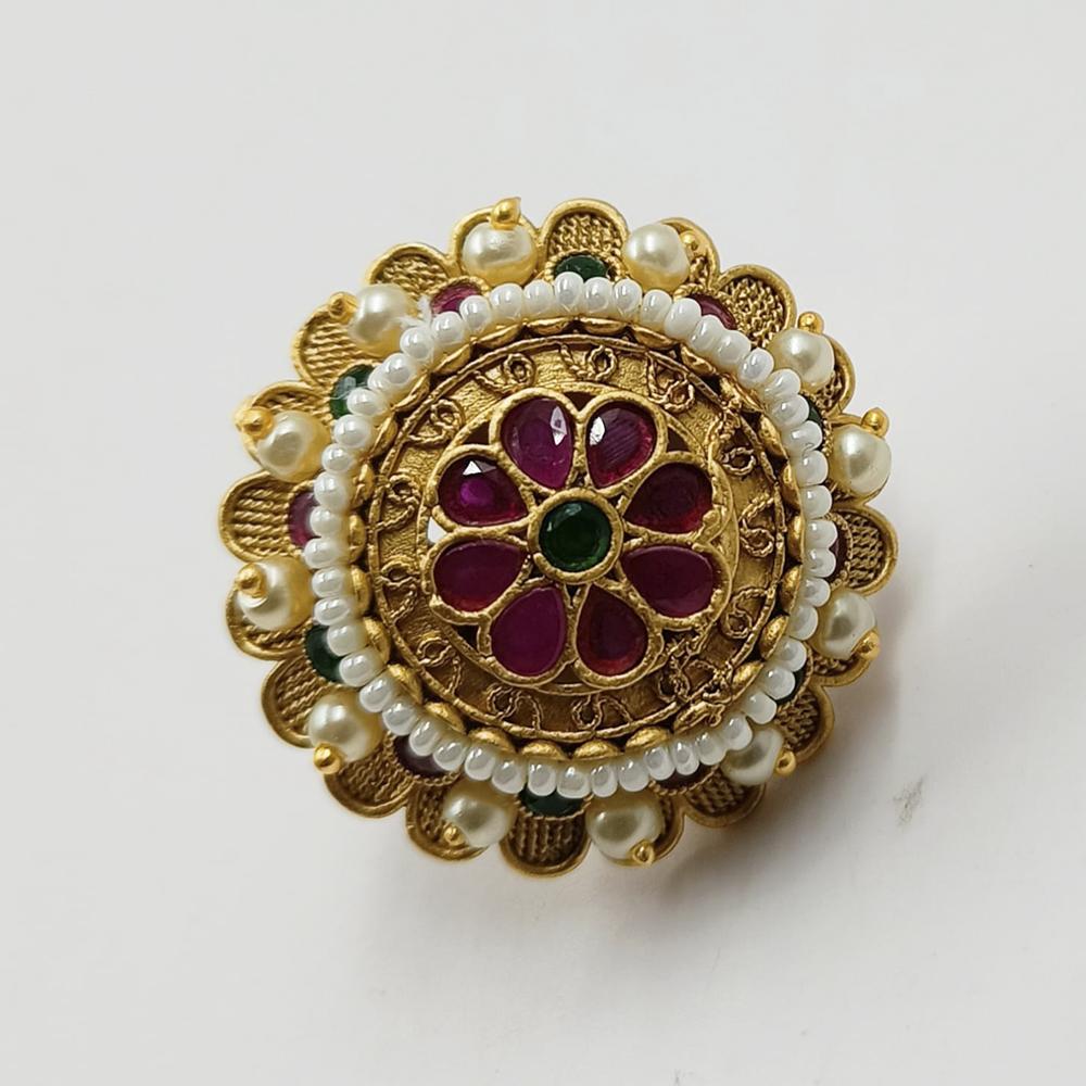 Padmawati Bangles Copper Kundan And Pearl Adjustable Single Finger Ring For Women - PBRING10