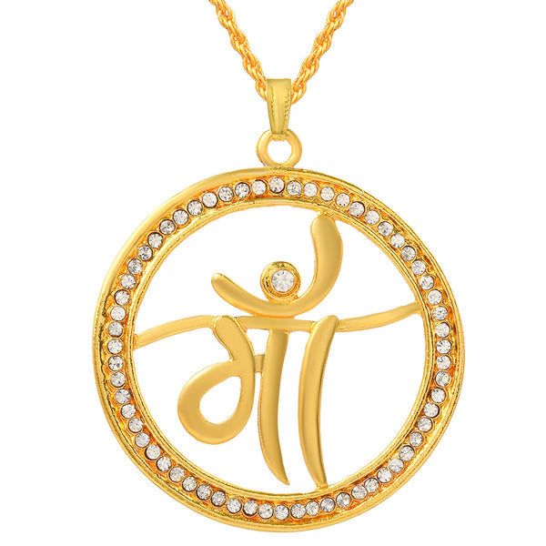Missmister Brass Gold Plated Imitation Diamond Big And Bold Maa Word Spiritual Chain Pendant Hindu Temple Jewellery (Pckl0503)