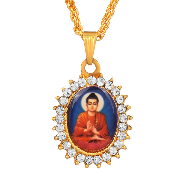 Missmister Gold Plated Cz Studded Pictoral Cut And Small Buddha Chain Pendant Tibetan Cameo Jewellery Buddhism (Pckl0516)