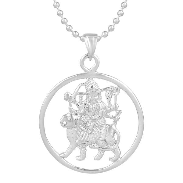 Missmister Brass Silver Plated Vaishno Sherawali Ma Durga Pendant Hindu Temple Jewellery (Pcom4468)