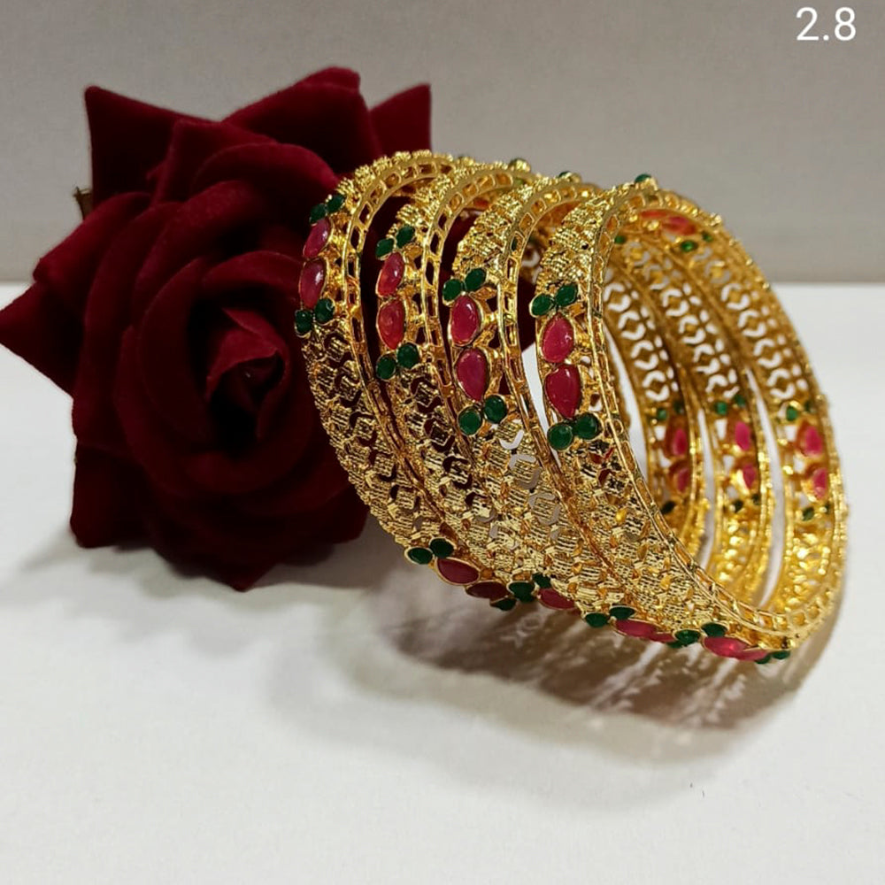 Pooja Bangles Gold Plated Pink & Green Pota Stone Bangles Set