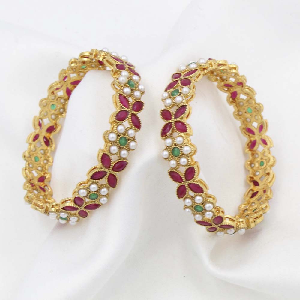 Pooja Bangles Gold Plated Pink Kundan Stone & Pearl Bangles Set