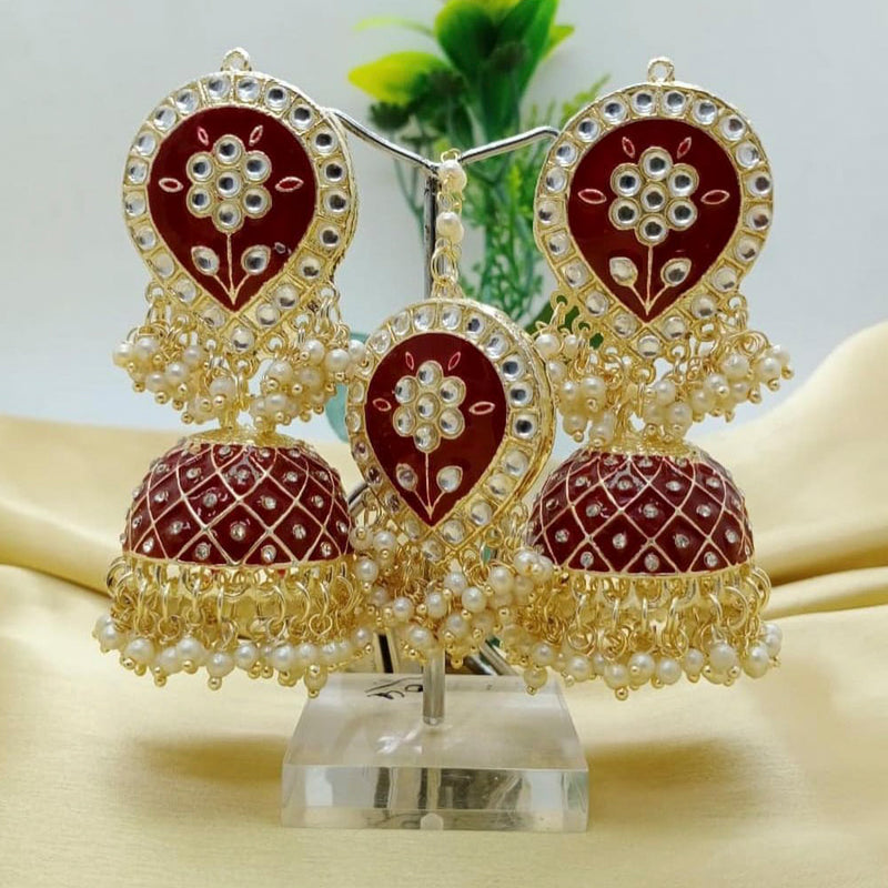 Pooja Bangles Kundan Stone & Meenakari Jhumki Earrings With Maang Tikka