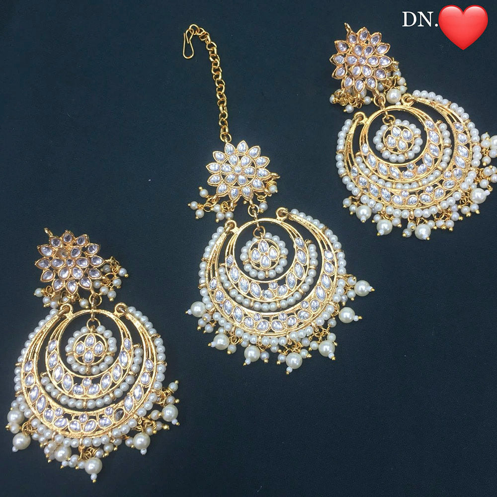 Pooja Bangles Kundan Stone & Beads Dangler Earrings With Maang Tikka