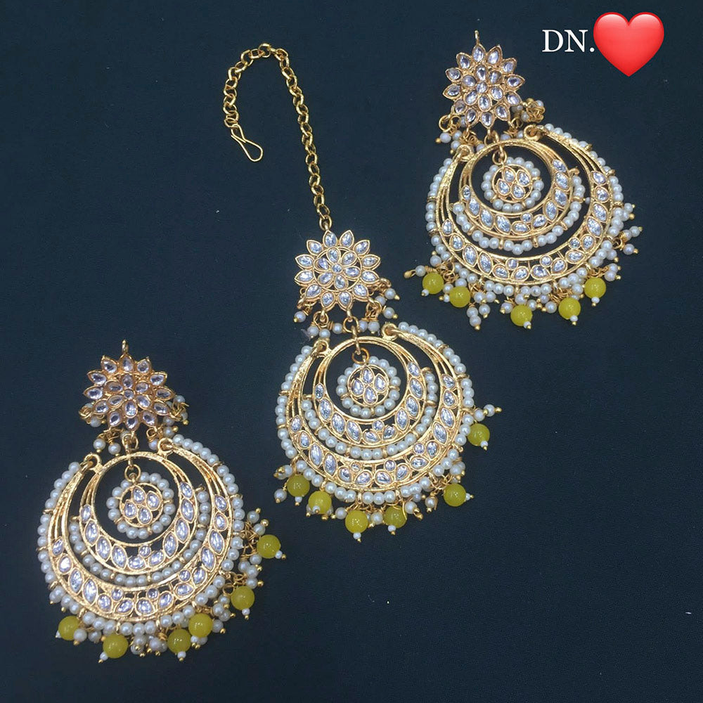 Pooja Bangles Kundan Stone & Beads Dangler Earrings With Maang Tikka