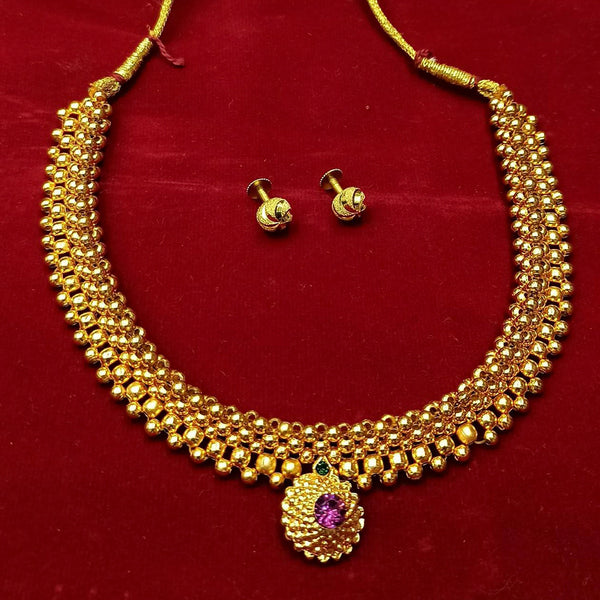 Pooja Bangles Gold Palted Pink Stone Maharashtrian Traditional  Necklace Set