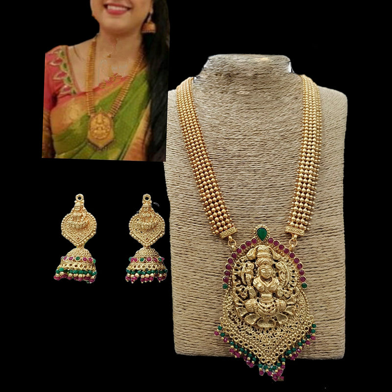 Pooja Bangles Gold Plated Pink & Green Pota Stone Temple Necklace Set