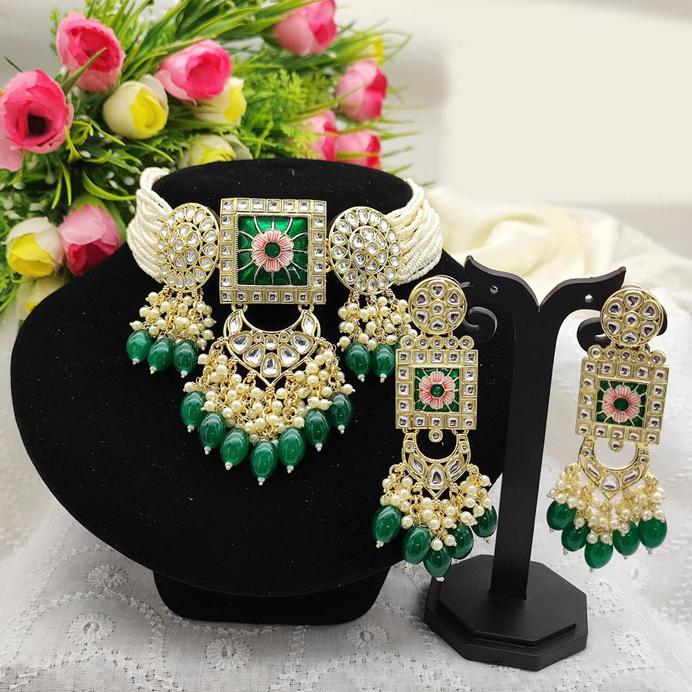 Pooja Bangles Gold Plated Kundan Stone & Beads Meenakari Choker Necklace Set