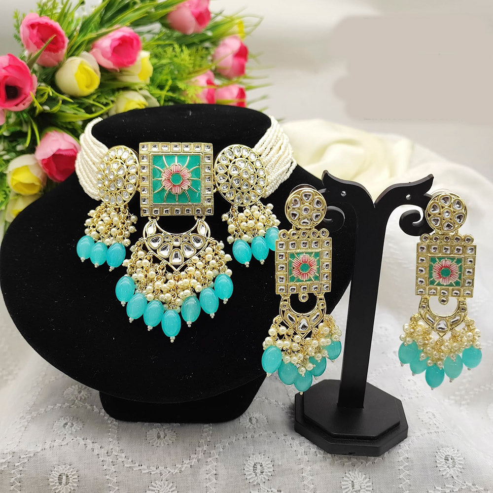 Pooja Bangles Gold Plated Kundan Stone & Beads Meenakari Choker Necklace Set