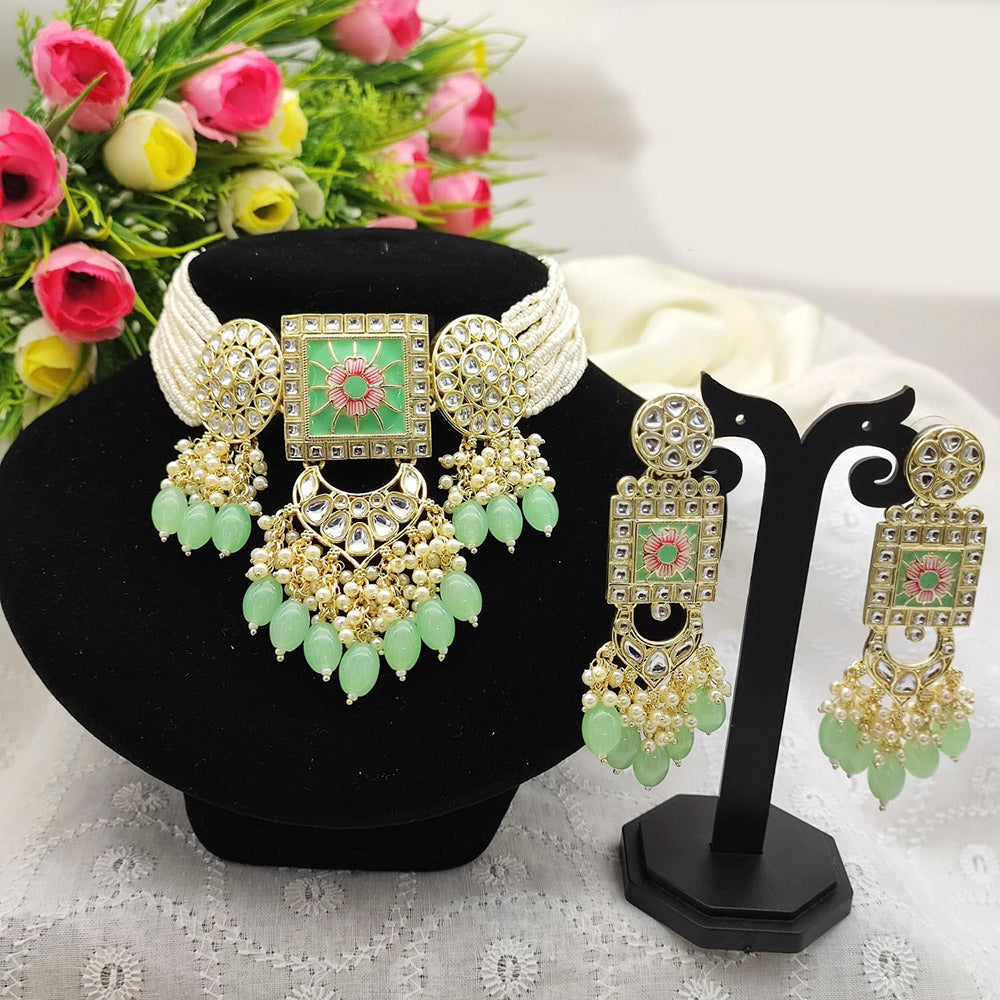 Pooja Bangles Gold Plated Kundan Stone & Beads Meenakari Choker Necklace Set