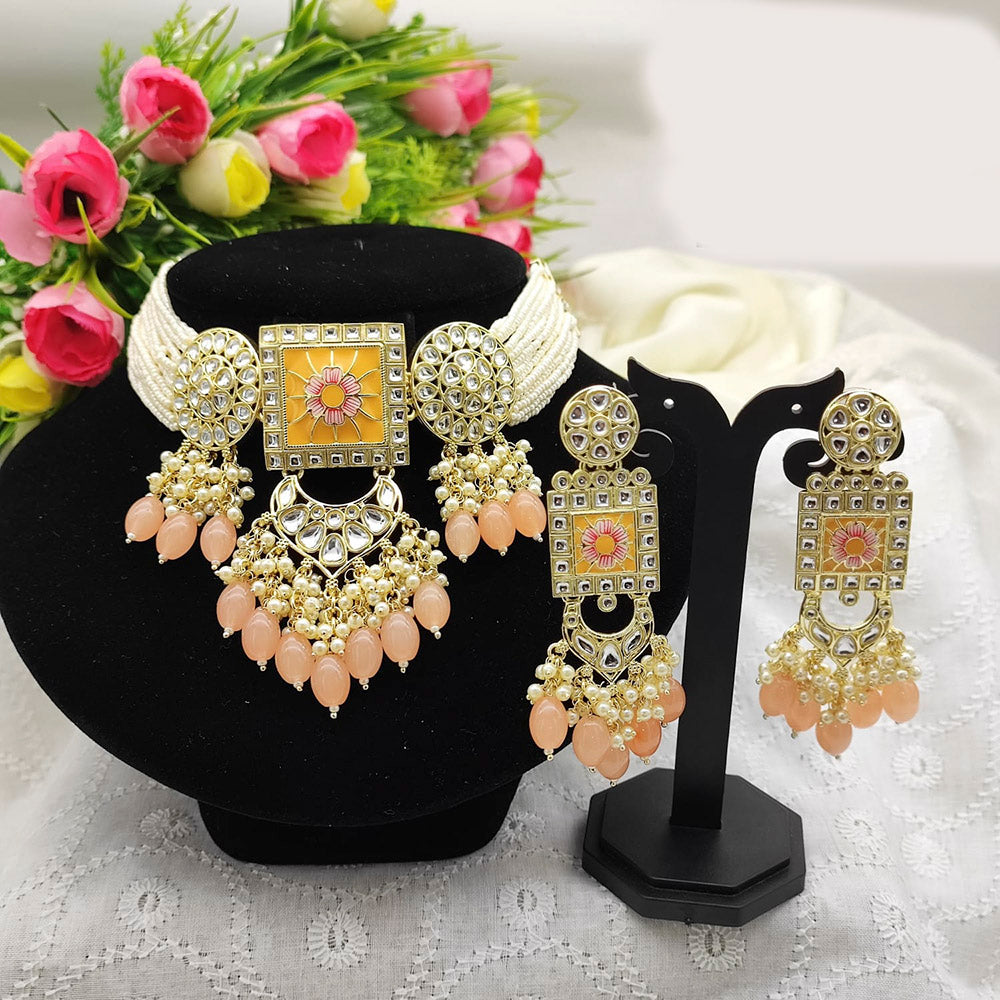 Pooja Bangles Gold Plated Kundan Stone & Beads Meenakari Choker Necklace Set