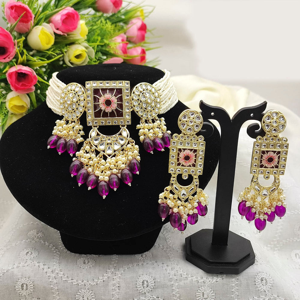 Pooja Bangles Gold Plated Kundan Stone & Beads Meenakari Choker Necklace Set